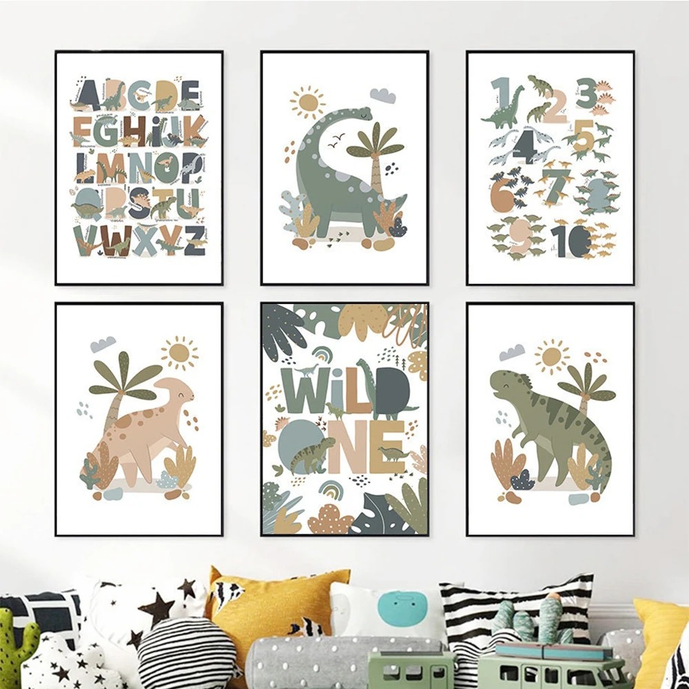 Baby Nursery Posters - Lukisan Kanvas Seni Dinding Dinosaurus Bayi
