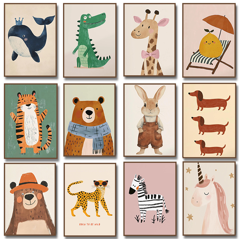 Baby Nursery Wall Art - Poster Ilustrasi Hewan Lucu Lukisan Kanvas