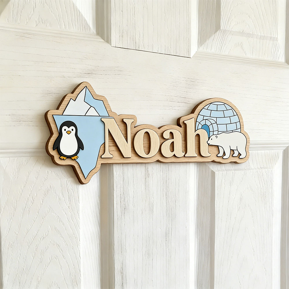 Baby Nursery Wall Art - Papan Nama Kustom Penguin Arktik &