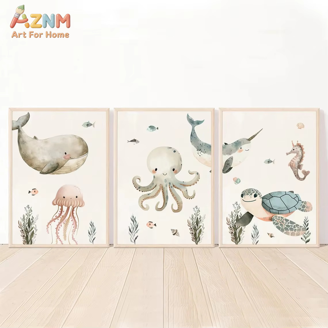 AZNM Lukisan Kanvas Hewan Laut - Baby Nursery Animal Prints ulasan dan harga